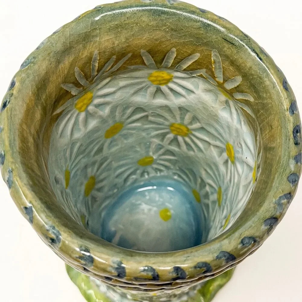 Signed Studio Art Pottery Vase Handmade Textured Floral Daisy Folk Art OOAK